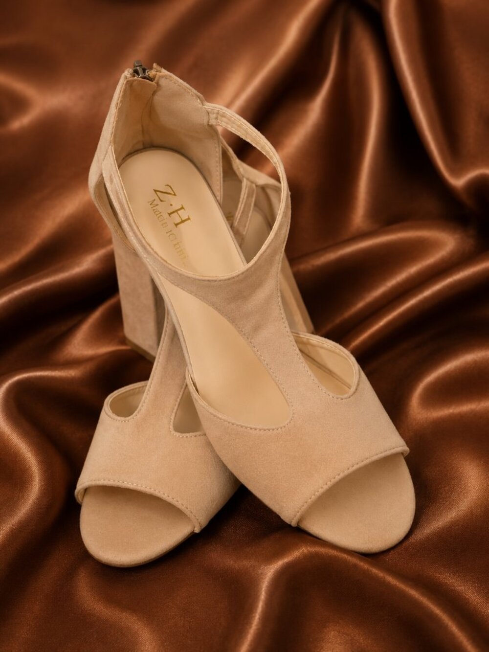 Nude Suede T-Strap Block Heel Sandals - Picture 2 of 13